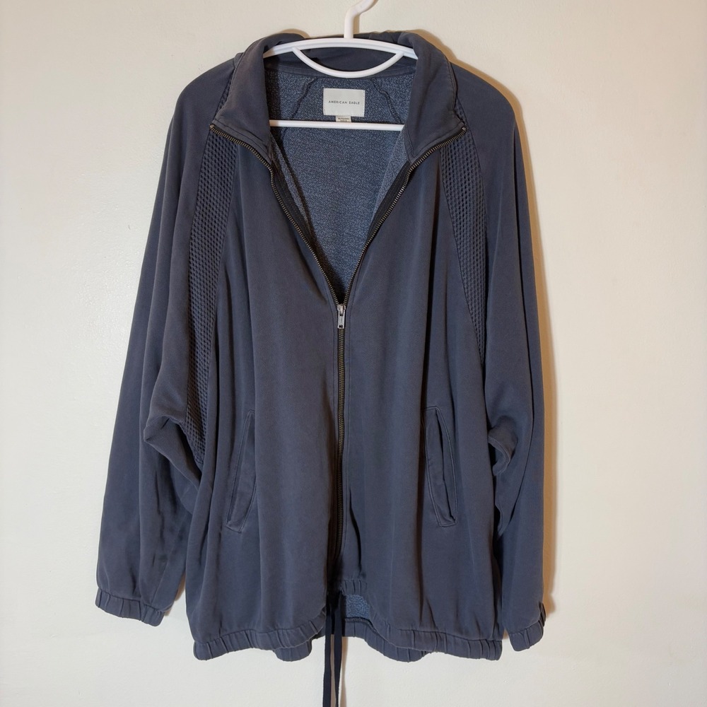 American Eagle Full Zip Sweatshirt Mens XL Gray Mesh Panel Drawstring‎ Hem